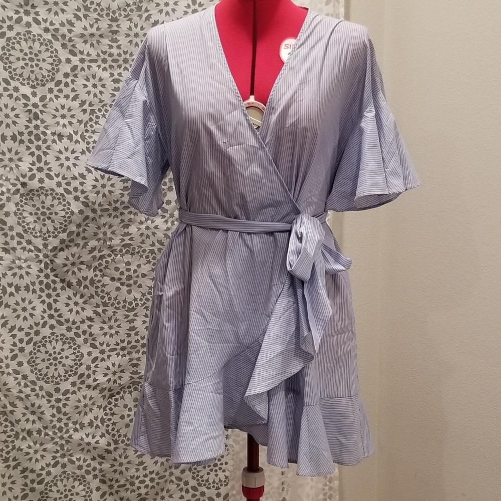 TOPSHOP Blue Stripe Poplin Wrap Dress